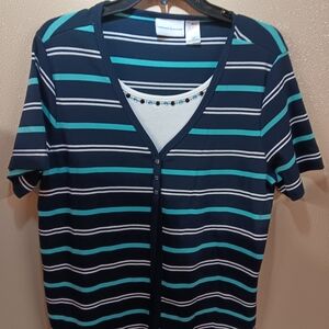Alfred Dunner Size M Striped Navy & Teal Short Sleeve Cardigan Top